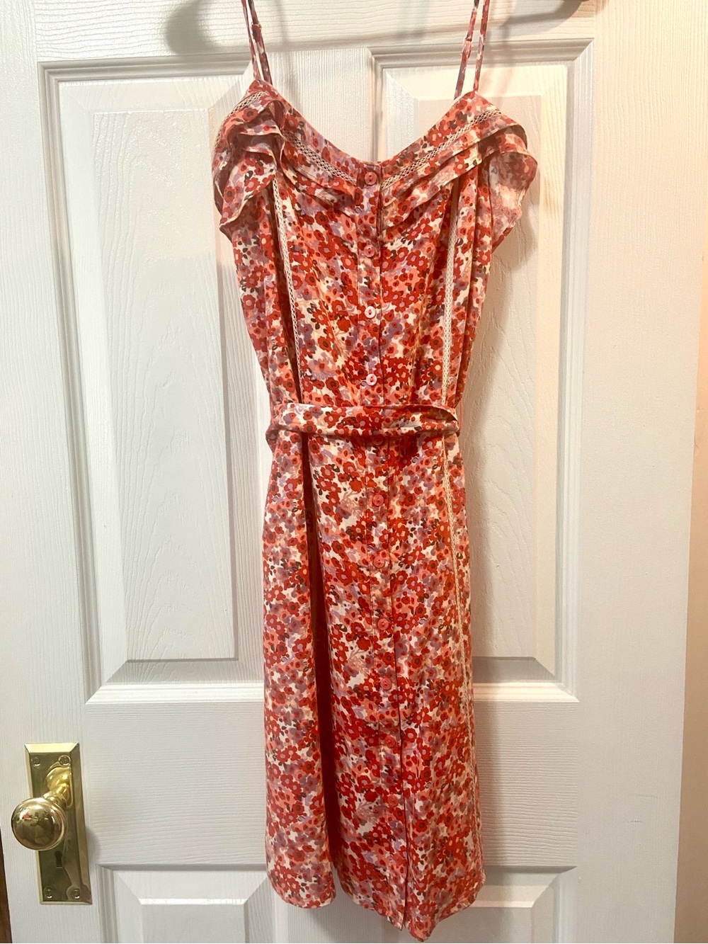 Ruffled Red Floral Midi Dress, Button Front with Lace Accents, Spaghetti-Straps